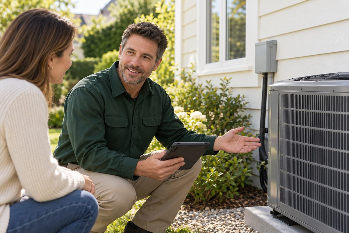 HVAC engineer discussing a residential heat pump with a homeowner