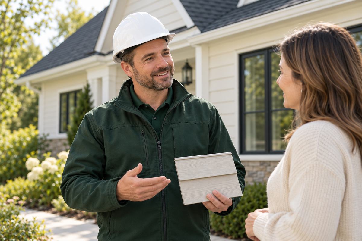 Building envelope engineer explaining a siding sample to a homeowner